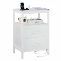 Sweetcrispy Wood Black Nightstand with Charging Station - 2 Fabric Drawers, 2 AC Power Outlets, USB Ports, End Side Table Dresser for Bedroom Apartment Indoor Storage Furniture