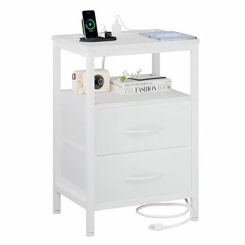 Sweetcrispy Classic Black Wood Nightstand - 40cm Compact Indoor Furniture for Small Spaces, Bedside Table with USB + Outlets, 2 Fabric Drawers, 2 AC Outlets, 1 Type-C Interface, 4.9-Foot Power Cord, Adjustable Legs, 66-Lb Top Weight Capacity