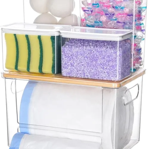 Trash Bag Dispenser Dishwasher Pods Container, 5 in 1 Garbage Bags Holder Under Sink Organizer Acrylic Laundry Pod Detergent Powder Container, Kitchen Pantry Laundry Room Organization Storage