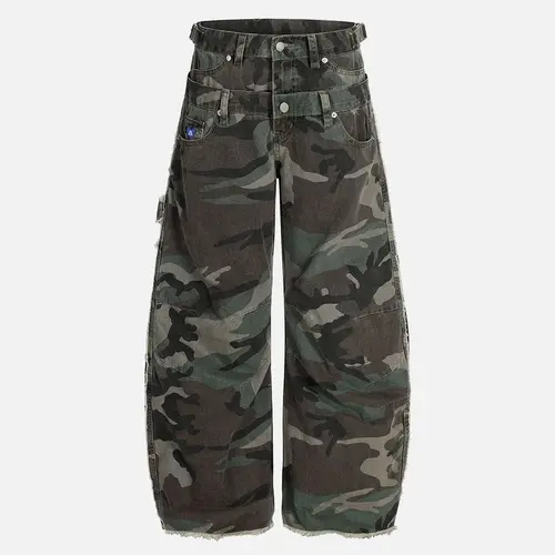 Aelfric Eden Men's Oversized Camouflage High-Waist Military Pants - Camo Print, Double Waistband, Multi-Pocket, Raw Hem, Wide-Leg Barrel, Wrinkle Knees, All Seasons, Longer Look, Edgy Street Edge Unisex Streetwear