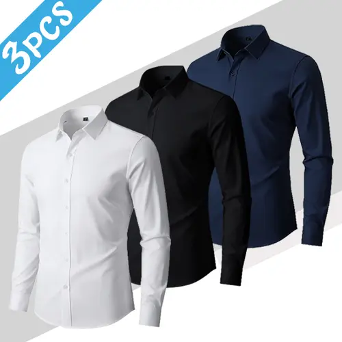 Men's 3-Pack Collared Neck Long Button-Front Tailored Fit Formal Dress Shirts - Smooth, Durable, Breathable, Wrinkle-Resistant, No-Iron Fabric Tops for Office, Semi-Formal Men's Dress Shirts Pair with Navy Tie, Jacket