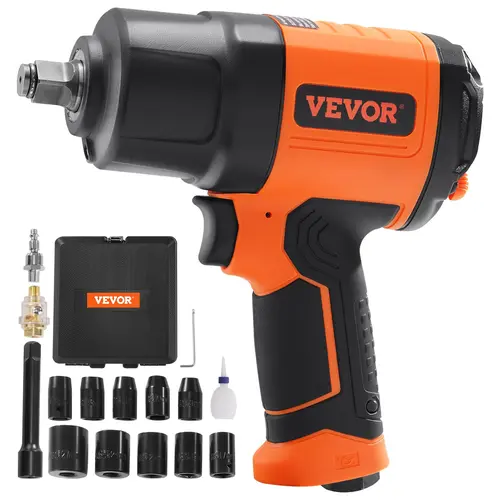 VEVOR High Torque Pneumatic Impact Wrench, 4.6lb CR-V Steel Twin Hammer Tool with 4-Position Forward/Reverse, 5in Extension Bar, 11-Pc Lightweight Set, 1400 ft-lbs Drive Air Gun for Auto Repairs, Wheel Lugs, High Torque Impact