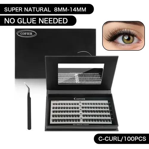 COFIER Short C-Curl Fairy Lashes Self-Adhesive Individual Lash Kit - Cosmetic False Eyelashes, Adhesives, Tweezers, 80/100 Pcs 8-14mm, Beginner-Friendly Accessories for Natural/Doll Makeup Transformation