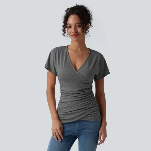 Halara V Neck Short Sleeve Ruched Casual Top