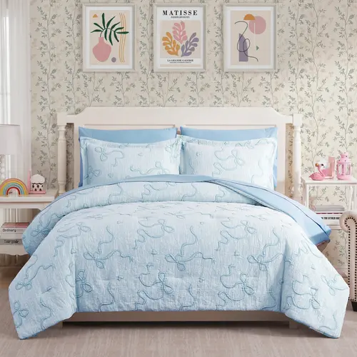 【Deals For You Days】Melex Home Comforter Set for Girls- 5/7 Pieces Bowknot Jacquard Bed in A Bag Twin Bedding Sets with Sheets, Pillowcases & Shams, All Season Comforter Set