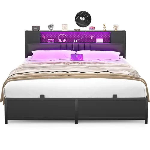 Homieasy Full Size Bed Frame with LED Light & Power Outlet, Platform Bed with Upholstered Headboard and Storage Cabinet, Luxury Cool Bed with Light, New Smart Bed, Sturdy Metal Slat Support, No Box Spring Needed, Noise-Free, Black