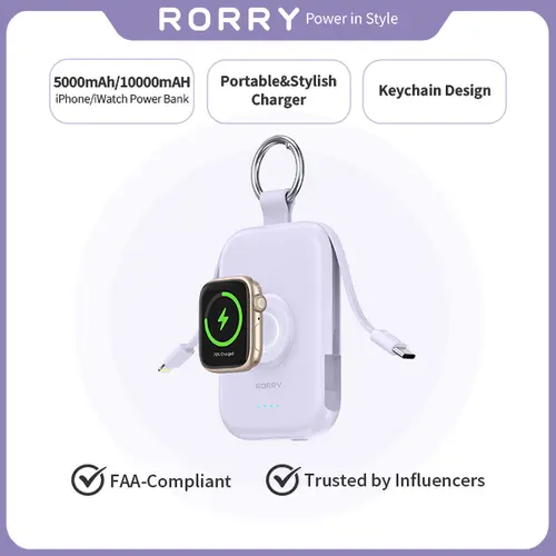 RORRY CharmGo 5000mAh Portable Charger Power Bank, Smart Mobile Power with Type-C Cable Keychain, Compact Mini Travel Essential Gift for Mobile Devices, Efficient Charging Accessories,summerwins techvibes