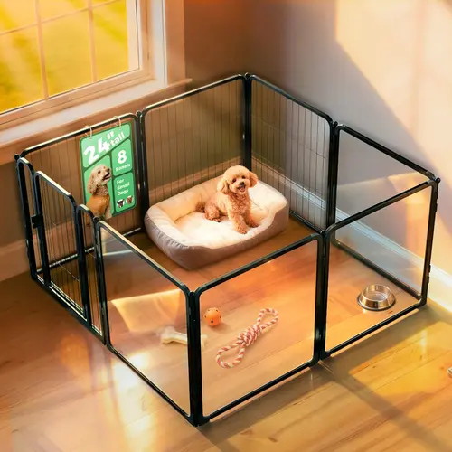 FXW Patented Hybrid Design Acrylic-Metal Mesh Indoor Puppy Exercise Pen - Modular, Expandable, Sturdy Enclosed Enclosure for Puppies, Tool-Free Assembly, Easy Cleaning Panels, Escape-Proof, Anxiety-Reducing for Indoor Spaces