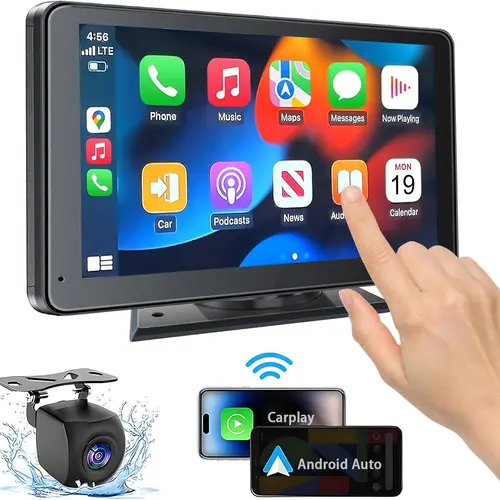 Portable Wireless with Apple CarPlay and Android Auto Screen for Car, 7" HD Touch Screen Car Stereo with Mirror Link, Bluetooth 5.2, Backup Camera, AUX,FM Transmitter for All Vehicle