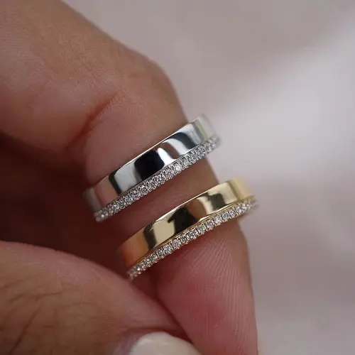 Effinny 925 Sterling Silver Golden Stackable Wedding Ring for Women,2 Row Design Unique Fashion Full Eternity Band, Female
