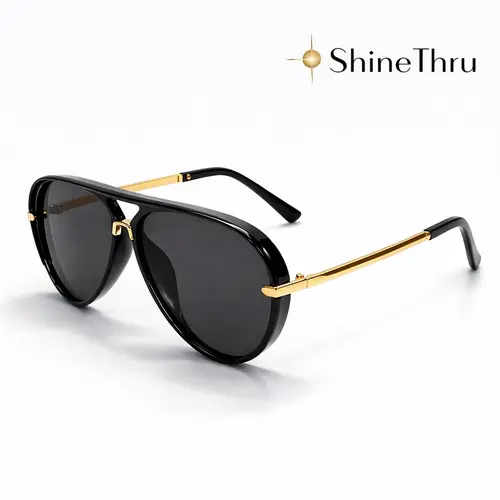 ShineThru Women's Aviator Sunglasses - Trendy Designer Full-Rim UV400 Protection Eyewear, Gold Trim Black Frame, Lightweight Pilot Style, Fashionable Accessories for Women, Trendy Sunglasses