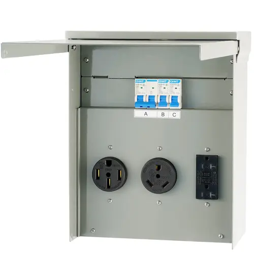 VEVOR Rust-Resistant Plastic Temporary Power Panel, 125/250V NEMA 3R Watersafe Dustproof 3R Seal UL-Tested Box with Installation Capability, 3 Plugs:20/30/50A, 1x30A Plug, 15A GFCI 15A Safety, Pre-Grounded Wire, Durable for RV Parking & 50A RV Charging