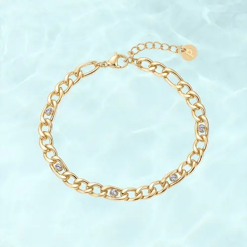 PAVOI Waterproof Curb Chain Bracelet for Women - 14K Gold Plated Chain Gold Bracelets with Cubic Zirconia - Stainless Steel Adjustable Stackable Trendy Summer Jewelry