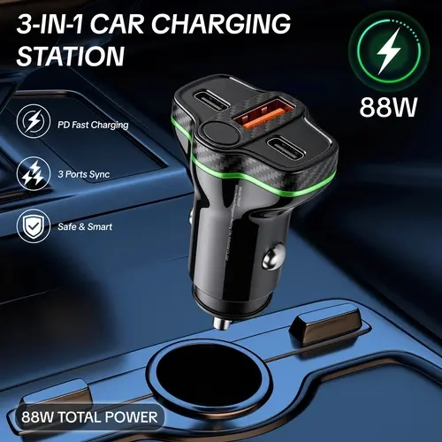 HiEHA 88W 3-Port Fast Charging Car Charger Adapter - 2x USB-C 30W PD, 1x USB-A 18W QC, 88w Power Fastcharging, Intelligent Circuit Design, Overheat/Short-Circuit Safe for iPhone 17/16/15 Pro Max, Galaxy S26/S25, Pixel, iPad