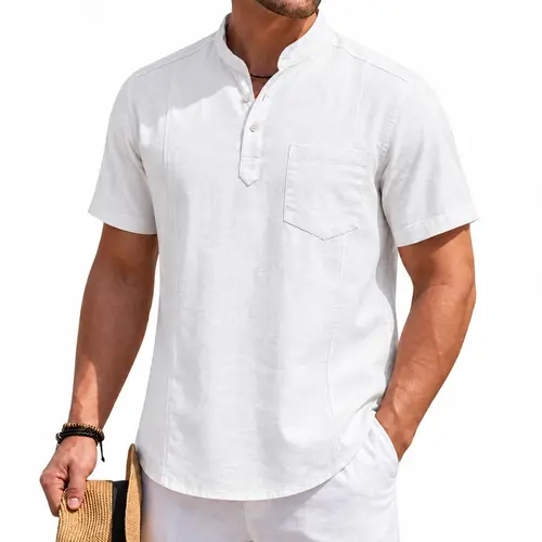 Zaitun Men's Cotton Linen Henley Shirt, Short Sleeve Band Collar Casual Shirt with Pocket, Lightweight Breathable Vacation & Daily Wear