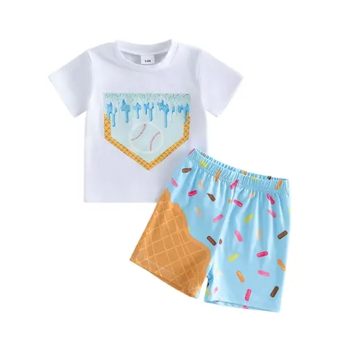 Babamoon Kids Toddler Boys 2-Piece Cotton Blend Casual Wear Set, Short Sleeves Baseball Motif T-Shirt & Shorts Summer Outfits Gift Set, Boys Set