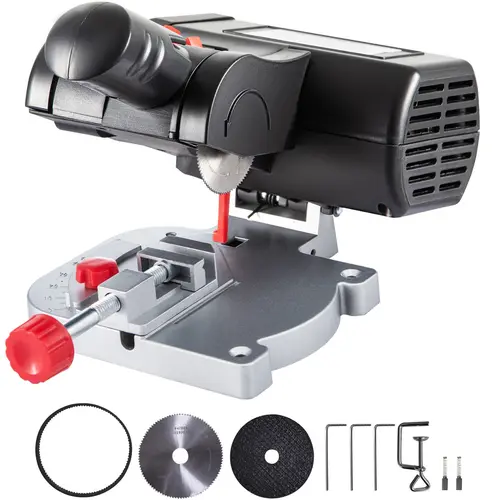 VEVOR Portable Mini Miter Saw Power Tool, 90W Low Noise Benchtop Wood Cutting Machine, 2 Steel & Resin Blades, 2-5/16" Blades, 10mm (1/2") Cutting Depth, 0-45° Tilt Fence, for Metal (Copper/Aluminum/Zinc) Plastic Hobby Craft