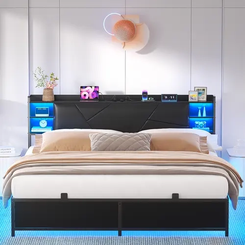 Homieasy Queen Size Bed Frame with Charging Station and RGB LED Lights, Sturdy Platform Bed with Upholstered Storage Headboard, Solid Metal Slats, Noise Free, No Box Spring Needed, Easy Assembly, Black