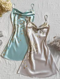 【Black Friday】Women's Floral-Print Silky Satin Cami Nightdress, Fitted Spaghetti-Strap Sleeveless Nightgown with Draped Neckline, Soft Comfortable Sleepwear and Loungewear