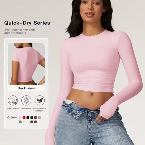 【Black Friday】Women’s Solid-Color Crew Neck Compression Sports Tee, Quick-Drying Long-Sleeve Crop Top, Activewear for Indoor and Outdoor Sports and Daily Wear, Valentine’s Day Gift for Her