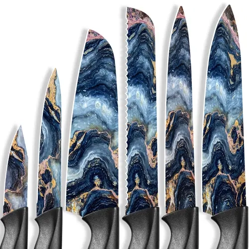 Astercook 6-Piece Elegant & Affordable Floral Colorful Stratigraphic Chef’s Knife Block Set - German High Carbon Stainless Steel Anti-Rust Cooking Knives, Ergonomic, 999-Tested Wash Safe, Durable Kitchen Supplies for Gifting (Lifetime Reliability)