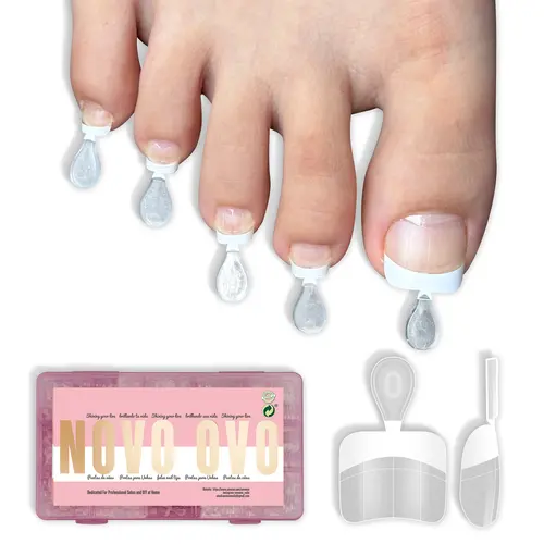 NOVO OVO Soft Gel PMMA Round Half-Cover Toe Nail Tips - White French, Flexible Fit, Alignment Lines, Pedicure Extension False Nails, 15 Sizes 240 Pieces with Sectional Box, Pre-Designed DIY Kit