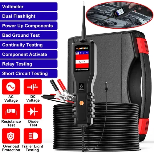 ANCEL PB100 Compact Automotive Circuit Tester - 12V/24V Power Circuit Probe Kit, 15*8*5cm, Fast Diag Time, Long Cable Reach, Car Voltage Diagnostic Tool for Mechanical Workshops