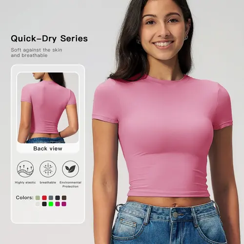 【Black Friday】Women's Quick-Dry Solid-Color Round-Neck Cropped Sports Tee, Fitted Short-Sleeve T-Shirt for Yoga, Gym Workouts, and Running, Casual Summer Activewear