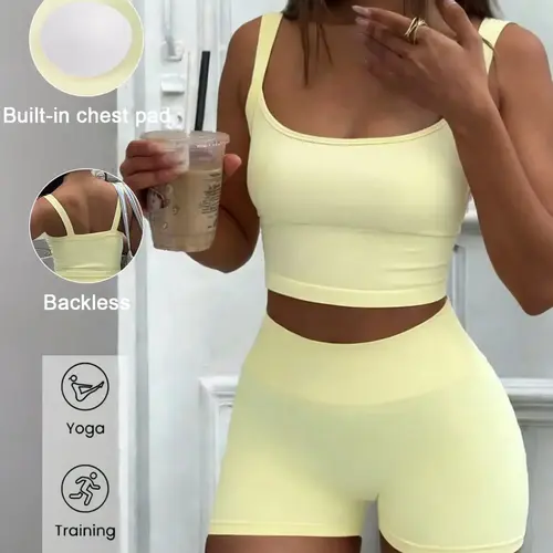 Women's High Waist Crop Top & Shorts Set, Sporty Slim Fit Seamless Design, Activewear Set for Yoga, Fitness, Running, Backless Gym Clothes, Sportswear Set, Activewear Clothing, Workout Exercise Clothing, Seamless Workout Sets