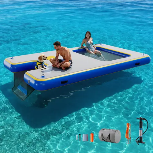 Amerlife Inflatable Floating Dock (6/7/8/10/12 FT) - Heavy Duty Air Platform for Adults Group Fun, 1102 lbs Capacity, Non-Slip EVA, Rust-Resistant Stainless Steel Ladder, Portable Carry Bag, Jet Ski & Board Dock, Pool Inflatables