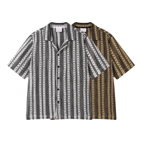 Men's Vintage Textured Knit Camp Collar Shirt – Short Sleeve Top with Retro Geometric Striped Pattern. Perfect for summer casual looks, beach days, or weekend outings, combining nostalgic style with breathable comfort.