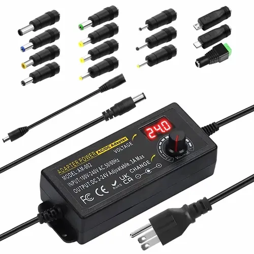 LIZVOR Adjustable Universal AC/DC Switching Power Supply - 3V-24V 3A 72W High Current, 100V-240V Adapter Converter with 5.5x2.1mm & 14 Tips, for LED Strip Lights, Speakers