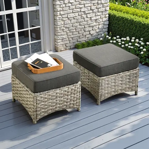 【Deals For You】OVIOS 2-Piece Outdoor Patio Ottoman Set with Cushions, All-Weather Wicker Footrests for Backyard, Patio, Porch, Deck, Garden & Balcony
