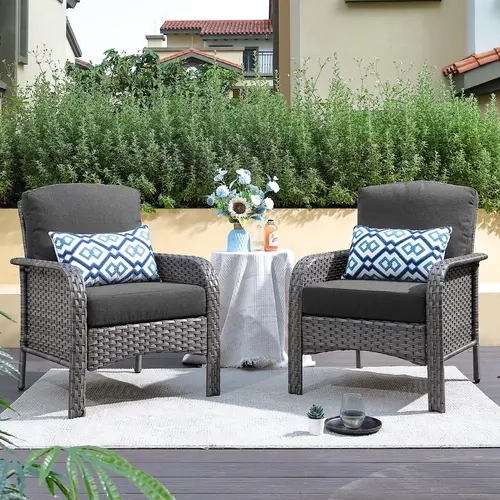 【Deals For You】OVIOS 2-Piece High Back Outdoor Patio Chairs Set with Cushions, All-Weather PE Wicker Rattan Conversation Seating Set for Backyard, Patio, Porch, Deck, Garden, Balcony & Poolside