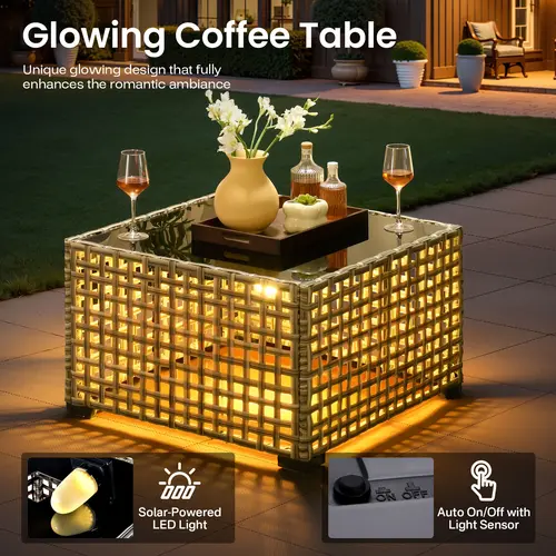 【Deals For You】OVIOS Outdoor Patio Side Table with Solar LED Light, All-Weather Wicker Rattan Coffee End Table for Backyard, Patio, Porch, Deck, Garden, Balcony & Poolside