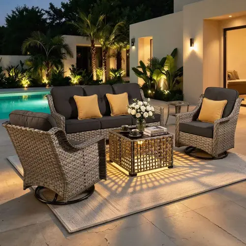 Ovios 5-Piece Outdoor Patio Furniture Set with 3-Seat Sofa & Swivel Rocking Chair, All-Weather Wicker Rattan Conversation Set with Solar LED Coffee Table for Backyard, Porch & Poolside