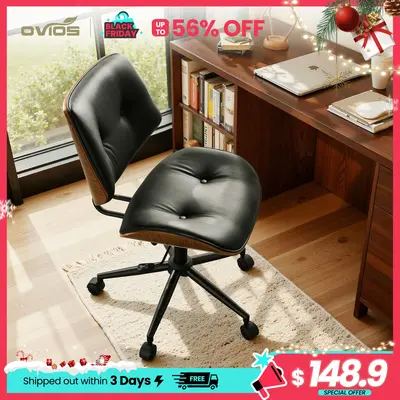 【Summer Vibes】Ovios Home Office Chair Mid-Century Modern Faux Suede Leather Chairs, Comfy Deep Seat Adjustable Height Rolling Swivel Executive Computer Task Armchair