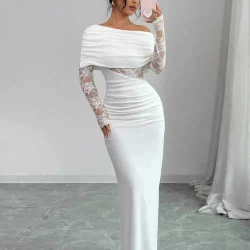 Elegant Aesthetic One-Shoulder Lace Long Sleeve Maxi Dress, Chic Waist Cut-Out Ruched Bodycon Floor-Length Evening Gown for Formal Party Events, Lace Fitted Dress, Womenswear