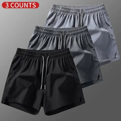 Men’s solid color drawstring shorts, 3 pack; men’s casual athletic shorts with elastic waistband and pocket design; breathable summer men’s sports shorts suitable for everyday wear; summer shorts