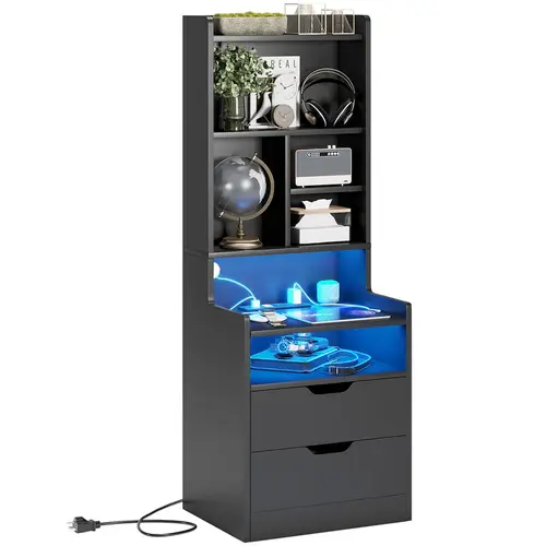 Sikaic Tall Night Stand with Charging Station and LED Lights, Nightstand with Bookshelf, Bedside Table with Drawers & Power Outlets, End Side Table for Bedrooms Summerwins