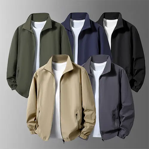 Men's Minimalist Solid-Color Lightweight Menswear Tops Shell Jacket - Normcore, Neutral Toned, Classic Stand Collar, Windproof, Waterproof, Casual, Pockets, Layer-Friendly, Smooth Zipper, Quick On-Off, Ideal for Outdoor Activities & Relaxed Looks