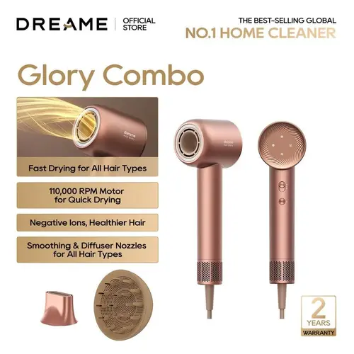 【Limited-Time Deal】DREAME Hair Glory Combo High-Speed Hair Dryer, 110,000 RPM Motor, 300 Million Negative Ions, Fast-Dry in 2 Minutes, Lightweight & Quiet, Smart Temp Control, Ideal for Smooth, Shiny Hair