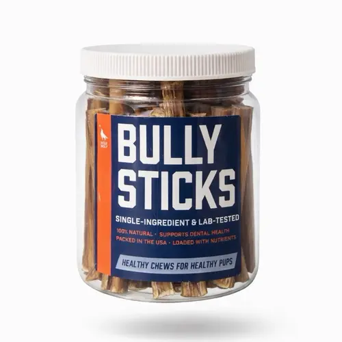6-inch Bully Stick Bucket (1.5lbs.) Healthy, All-Natural, Long-Lasting Dog Chew Bones - Low Odor - Mixed Thickness - Lab-Tested, Hand-Inspected and Packed with Love in The USA < 6” BULLY STICKS JAR 1.5 POUNDS >