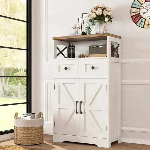[SohoChic] White & Black Adjustable Barn Door Sideboard Cabinet, Freestanding Farmhouse Storage Unit with Doors, Drawers & Decorative Metal Cross - Kitchen/Laundry Room Hutch, Assembly Required