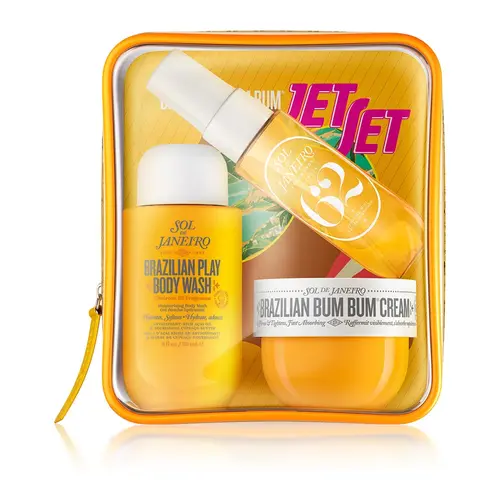 sol de janeiro Bum Bum Jet Set Travel Kit - Moisturizing Shower Cream-Gel, Iconic Bum Bum Cream Smoothing & Cheirosa 62 Hair & Body Mist; pistachio, salted caramel, vanilla scent - mini toiletries for travel