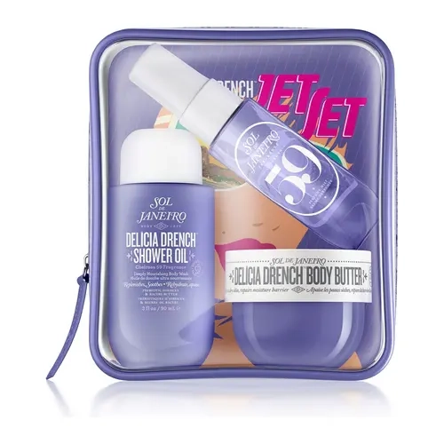 sol de janeiro Delícia Drench Jet Set Travel Kit - Moisturizing Body Kit with Hydrating Delícia Drench Shower Oil, Deep-Moisture Delícia Drench Body Butter, Cheirosa 59 Perfume Mist, sandalwood vanilla scent