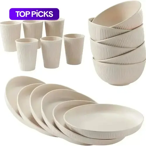 18-Piece Wheat Straw Plastic Cutlery Tableware Set, Reusable Cups, Plates & Bowls, Dishwasher & Microwave Safe Dinnerware for Kitchen #GLOBAL PICKS