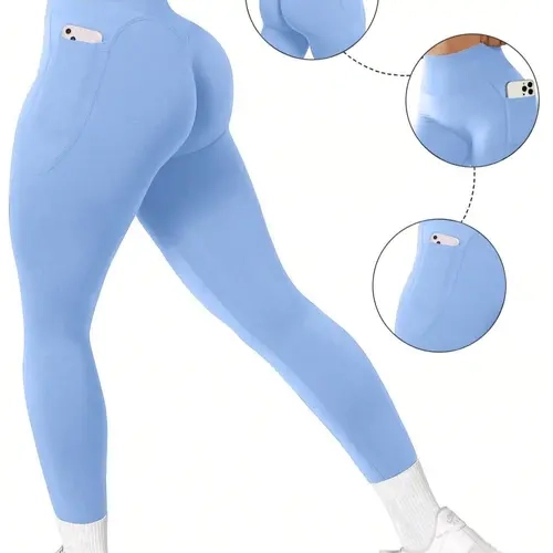 Women's High Waist Pocket Sports Tummy Control Leggings, Leggings With Pockets, Solid Color Skinny Pants, High Stretch Seamless Yoga Leggings, High Waist Activewear, Ladies Sportswear for Indoor Outdoor Wear, Workout Clothes Women