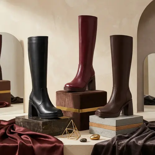 Women's Plain Black Knee High Platform Boots - 3.15" Chunky Cuban Heel, PU Leather, Round Toe, Side Zip, All Seasons Trending Shoes, Cloud-Soft Pads, Above the Ankle but Below the Knee, Women's Shoes, Luxury Packaging, Free Gift