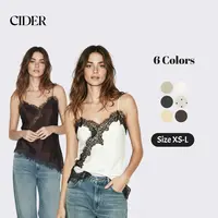 Cider Satin V-neck Floral Lace Lettuce Trim  Blouse Casual Cami Sleeveless Top SummerWins Dealsforyou